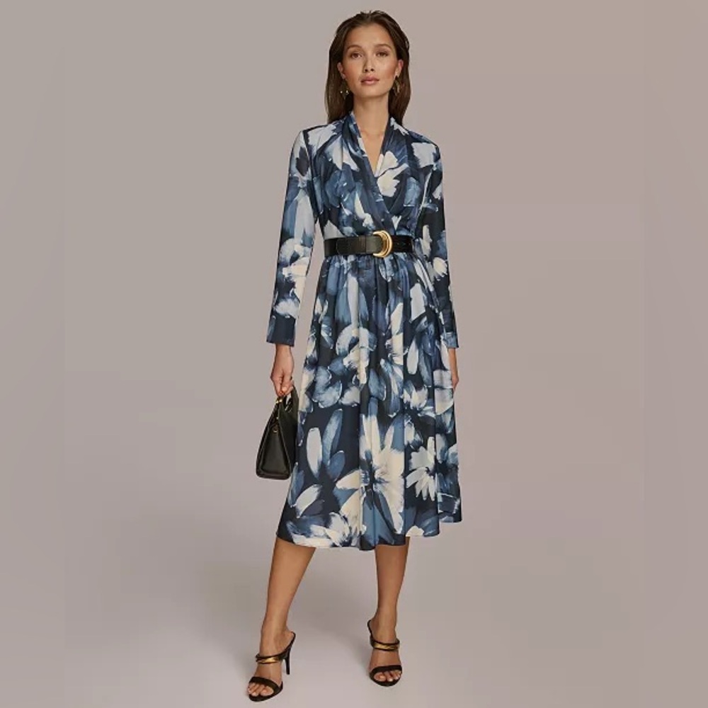 Donna Karan blue and white belted midi Dress LIKE NEW